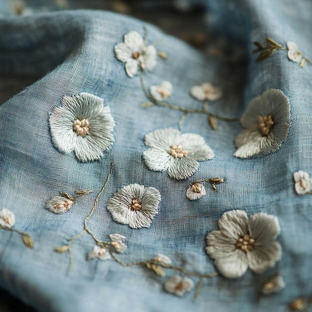haftowane kwiaty na lnianej tkaninie